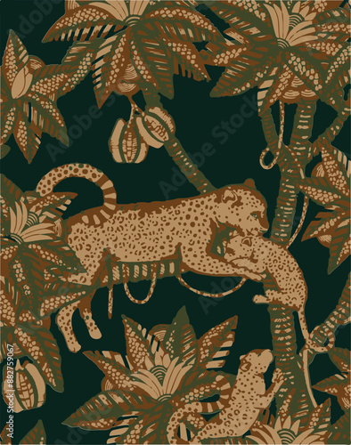 Vestor, seamless pattern,  leopards and tropical leaves,jungle,wild life,