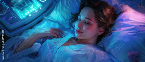 A woman peacefully sleeping in a futuristic bed with glowing technology, showcasing a harmonious blend of comfort and advanced technology. photo