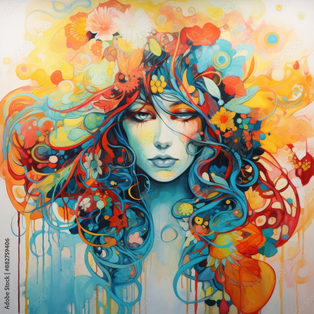 A mesmerizing portrait of a woman with opened eyes wearing a vibrant headpiece with floral motifs. The dynamic background adds energy, creating an enchanting atmosphere. A mesmerizing portrait of a woman with opened eyes wearing a vibrant headpiece with floral motifs. The dynamic background adds energy, creating an enchanting atmosphere.