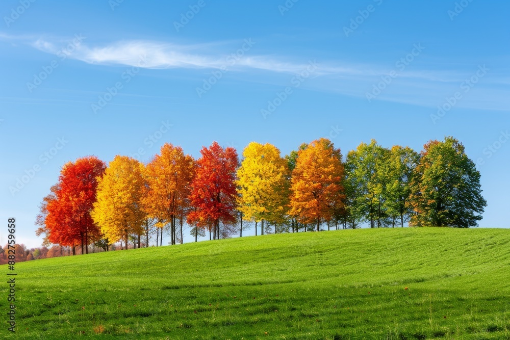 vibrant autumn trees on a green hill with blue sky and clouds - landscape photography. vibrant autumn trees on a green hill with blue sky and clouds - landscape photography.