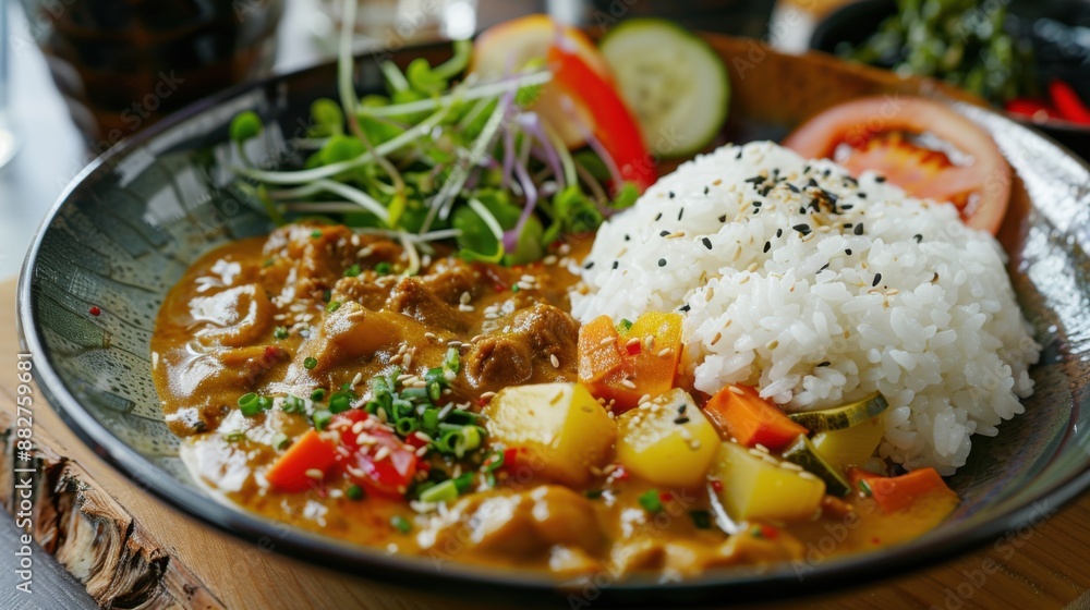 Delicious curry dish served with steamed rice and fresh vegetables, featuring vibrant colors and appetizing presentation. Delicious curry dish served with steamed rice and fresh vegetables, featuring vibrant colors and appetizing presentation.