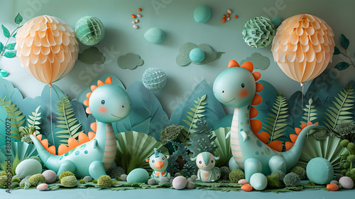 A whimsical scene with cute, pastel-colored dinosaur figures amidst lush greenery and balloons. The playful design and vibrant colors create a joyful, imaginative atmosphere