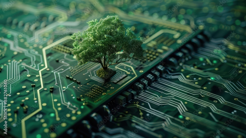Computer Technology Green Tree growing on the converging point of computer circuit board. Green ...