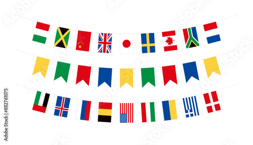 世界各国の国旗バナーと、カラフルなガーランドのイラストセット。主線なしの連なった国際旗。