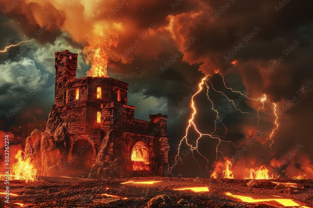 A castle is surrounded by lava and is on fire A castle is surrounded by lava and is on fire