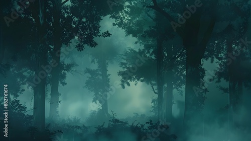 Atmospheric Anime-Inspired Foggy Forest Landscape with Mystical Ambiance
