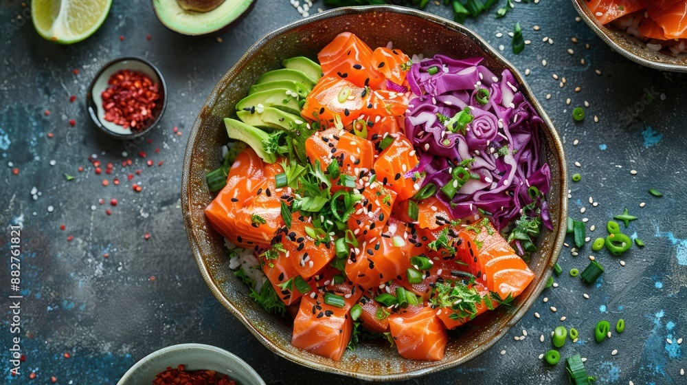 A delicious and healthy poke bowl with salmon, avocado, cucumber, red cabbage, and broccoli. A delicious and healthy poke bowl with salmon, avocado, cucumber, red cabbage, and broccoli.