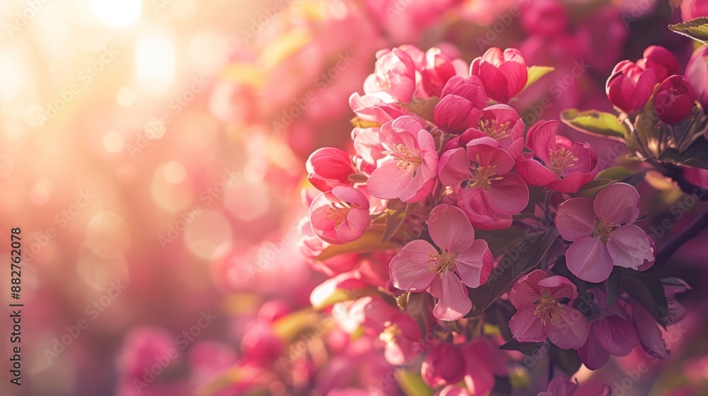 Delicate pink blossoms on a tree branch in the soft sunlight background. Delicate pink blossoms on a tree branch in the soft sunlight background.