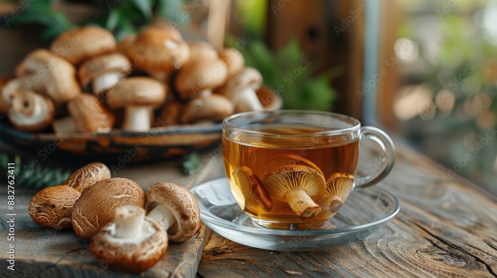 Close-up of a glass cup of tea on a saucer with fresh mushrooms on a wooden table. Close-up of a glass cup of tea on a saucer with fresh mushrooms on a wooden table.