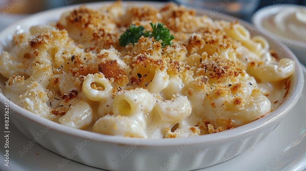Creamy and delicious mac and cheese pasta with a crispy breadcrumb topping. Creamy and delicious mac and cheese pasta with a crispy breadcrumb topping.