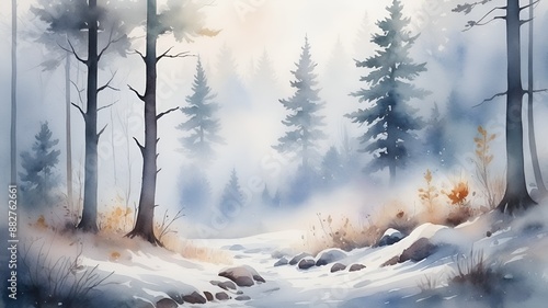 Watercolor foggy forest landscape illustration. Wild nature in wintertime.