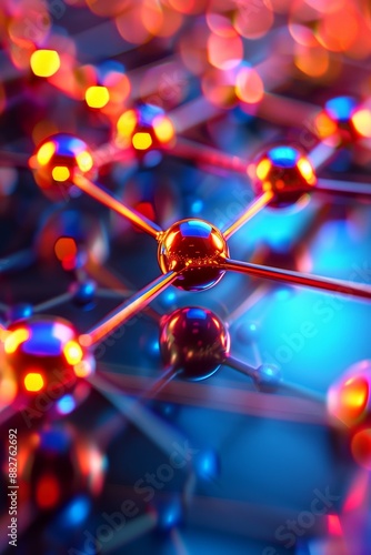 abstract network of shiny red and blue spheres connected by metal rods, macro photography. © auc