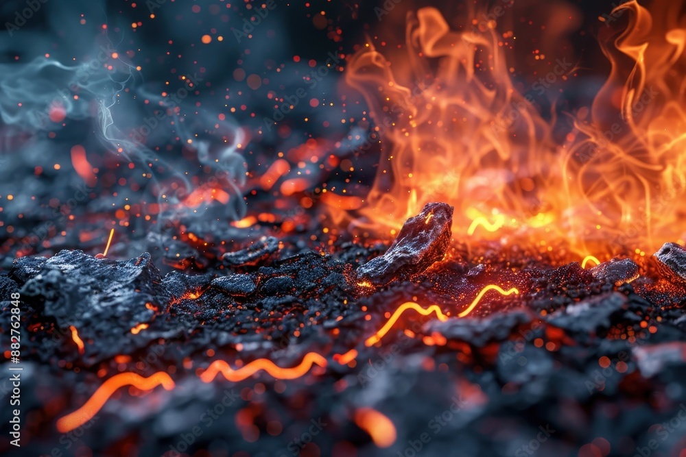A fiery scene with a large amount of lava and rocks A fiery scene with a large amount of lava and rocks