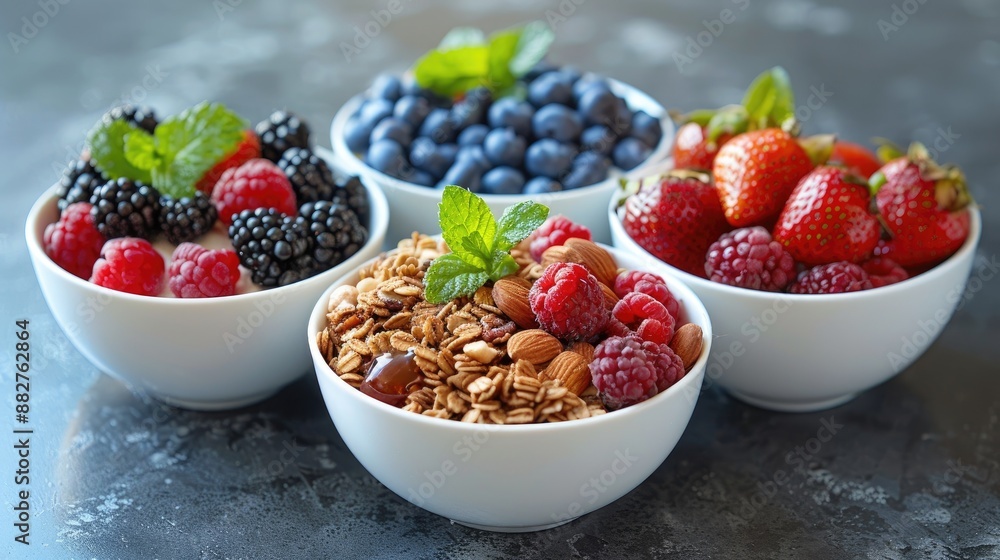 Four white bowls with fresh berries and granola on a dark background. Four white bowls with fresh berries and granola on a dark background.