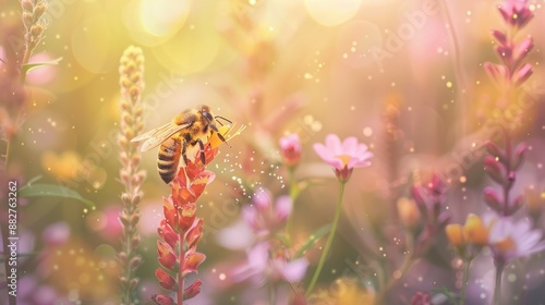 Wallpaper Mural Bee pollinating flower in sunny meadow. A bee gathers pollen from a flower in a sun-drenched field, with a soft, dreamy glow. Torontodigital.ca