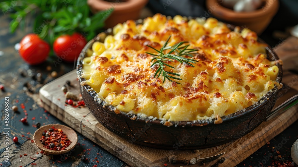 Macaroni and cheese in a skillet with tomatoes and spices on a wooden table Macaroni and cheese in a skillet with tomatoes and spices on a wooden table