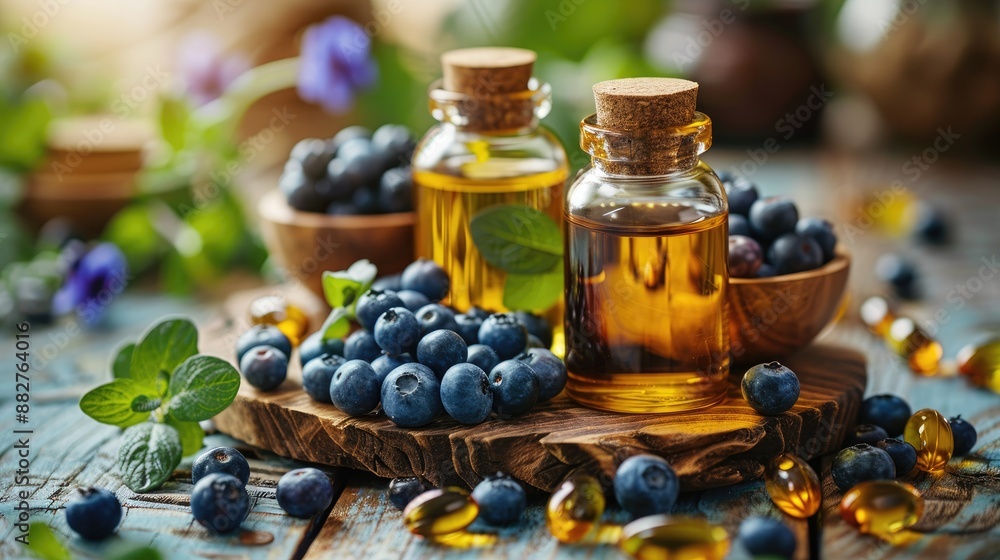 Fresh blueberries and two bottles of blueberry essence arranged on a wooden board, with leaves and soft lighting creating a natural, rustic feel Fresh blueberries and two bottles of blueberry essence arranged on a wooden board, with leaves and soft lighting creating a natural, rustic feel
