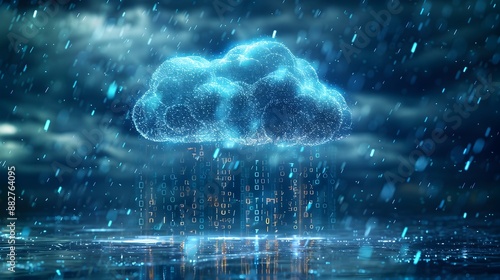 Digital Cloud with Binary Code Rain Symbolizing Data Streaming from Cloud Storage Cloud Computing Concept