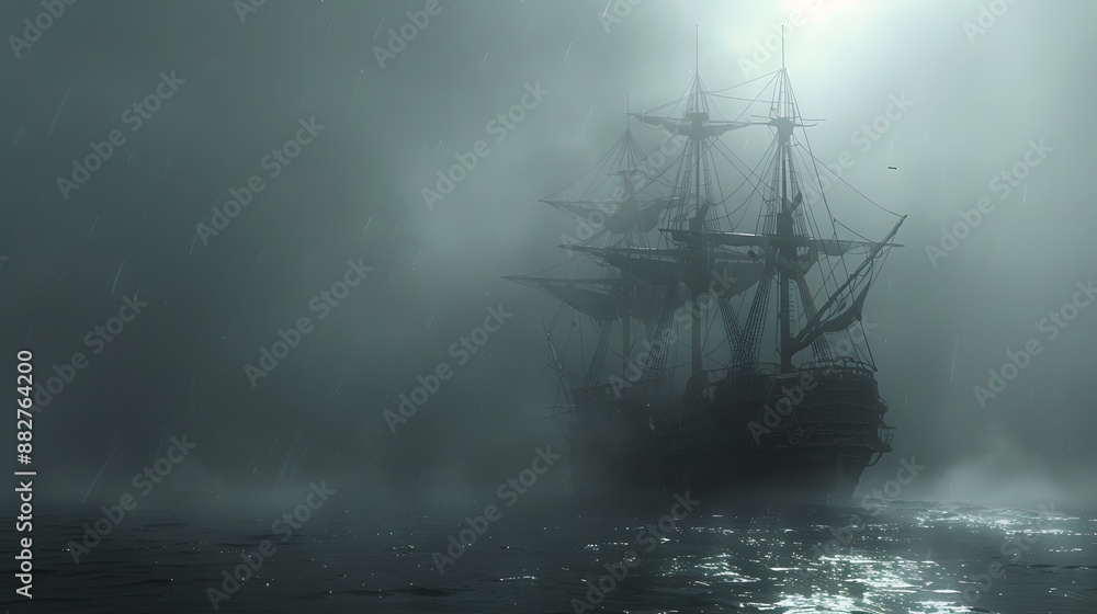 A ghost ship sailing through foggy waters under a dark sky A ghost ship sailing through foggy waters under a dark sky