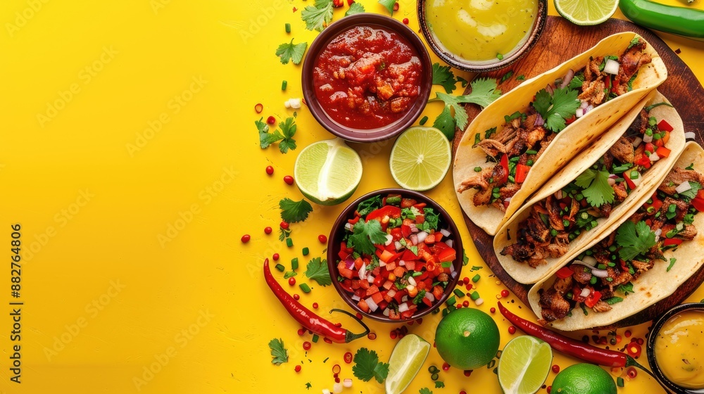 Fototapeta premium Top view of traditional mexican tacos with meat, vegetables and sauces on yellow background.