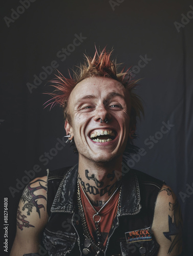 A smiling punk male with piercings and tattoos. photo