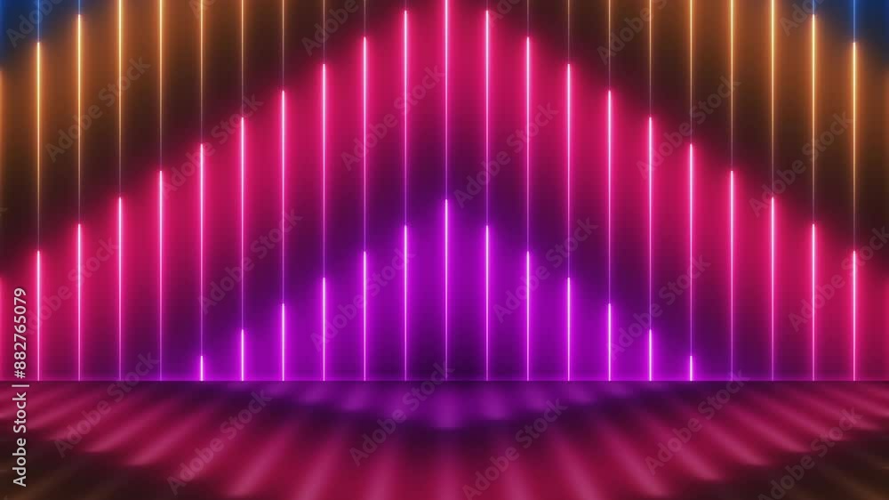 3D render, abstract futuristic neon background with glowing blue, orange, red and pink laser lines moving up. Seamless looping animation. 4K footage 3D render, abstract futuristic neon background with glowing blue, orange, red and pink laser lines moving up. Seamless looping animation. 4K footage