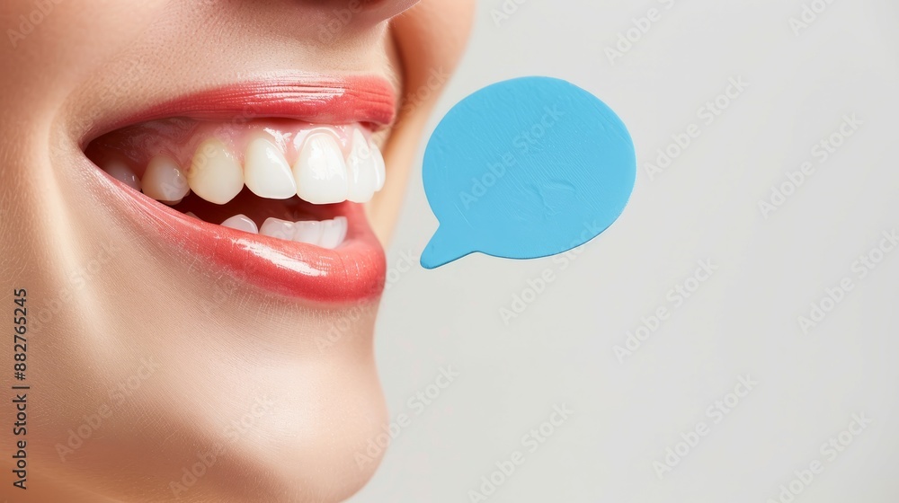 Woman smiling with speech bubble. Close up image of a woman's smile with a blue speech bubble beside her mouth. Woman smiling with speech bubble. Close up image of a woman's smile with a blue speech bubble beside her mouth.