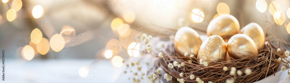 Golden Easter eggs in a nest with a beautiful bokeh background, symbolizing wealth, prosperity, and celebration. Perfect for festive occasions Golden Easter eggs in a nest with a beautiful bokeh background, symbolizing wealth, prosperity, and celebration. Perfect for festive occasions