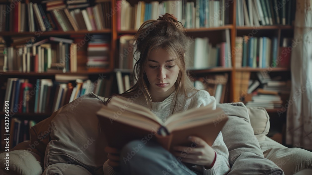 A young woman sits comfortably on a sofa in the library, reading a book during her leisure time. The background is filled with numerous books on shelves. A young woman sits comfortably on a sofa in the library, reading a book during her leisure time. The background is filled with numerous books on shelves.
