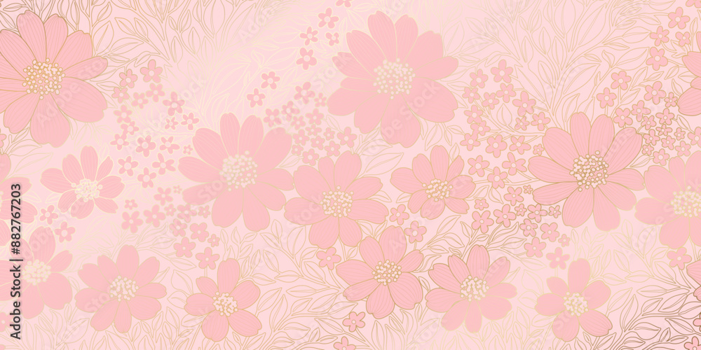 Golden Metallic Contour Flowers and Leaves in a light shade of Pink Colors. Luxurious Art Deco Wallpaper Design for Prints, Posters, Covers, Banners, Invitations, Packages, Wrappings, Beauty Products. Golden Metallic Contour Flowers and Leaves in a light shade of Pink Colors. Luxurious Art Deco Wallpaper Design for Prints, Posters, Covers, Banners, Invitations, Packages, Wrappings, Beauty Products.