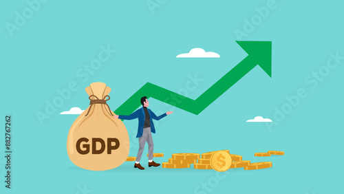 GDP Gross domestic product, value of goods and service produced by a country in a certain time, balance of import and export, businessman stand with money bag with GDP word and growing graph and chart