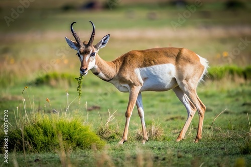 wild antelope eat green grass on meadow field 