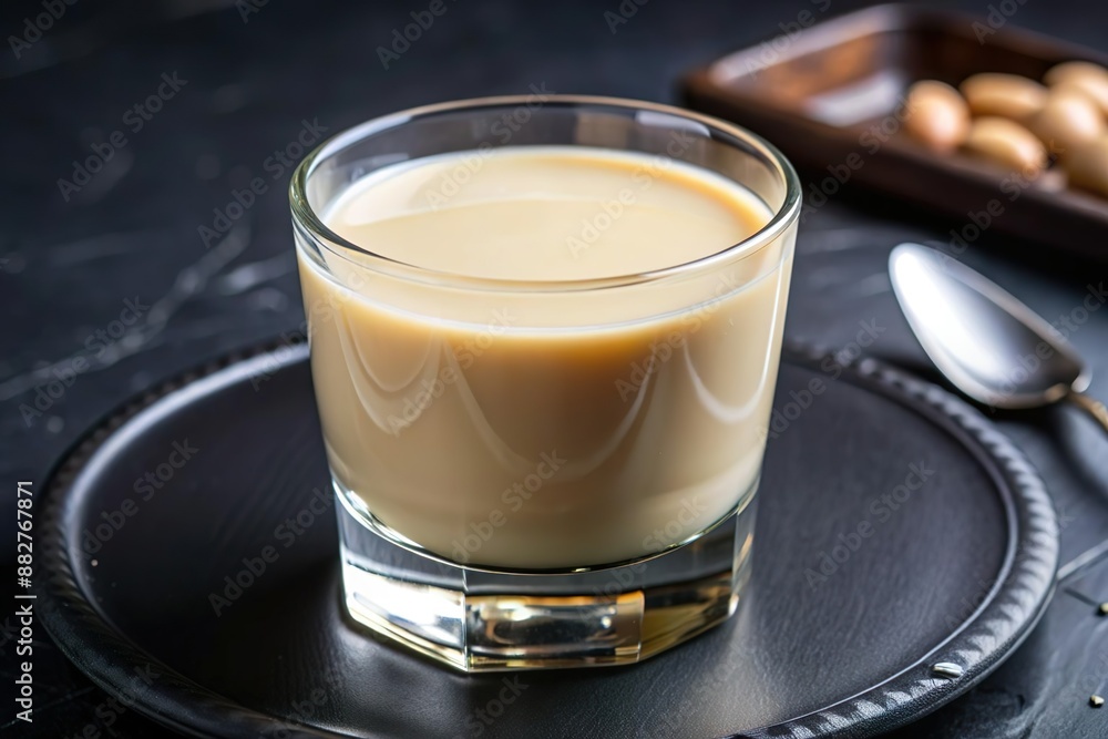 thick condensed milk in glass cup closeup thick condensed milk in glass cup closeup