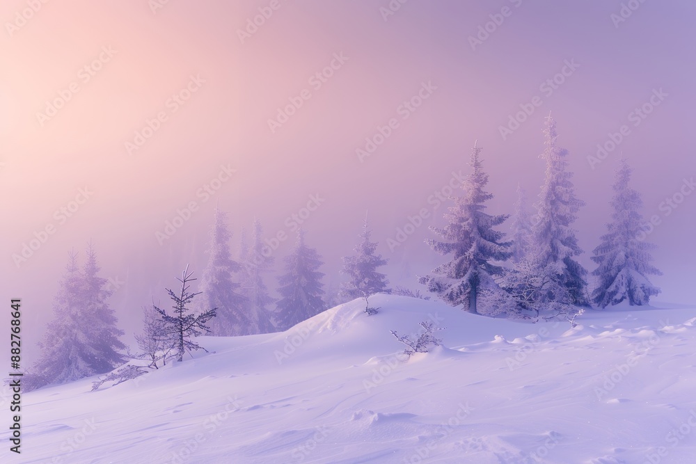 A snow-covered landscape with pine trees, a foggy and misty atmosphere, a gradient sky from pink to purple, a small hill in the center of the frame, soft lighting, with a wide-angle lens, capturing th A snow-covered landscape with pine trees, a foggy and misty atmosphere, a gradient sky from pink to purple, a small hill in the center of the frame, soft lighting, with a wide-angle lens, capturing th