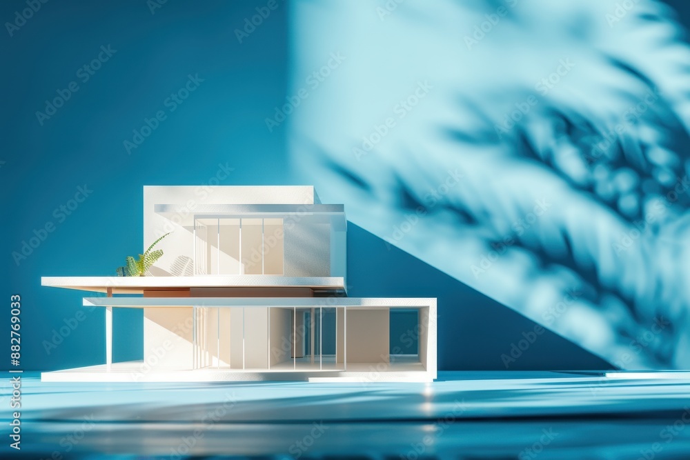A model of a building is on a table with a drawing of the same building A model of a building is on a table with a drawing of the same building