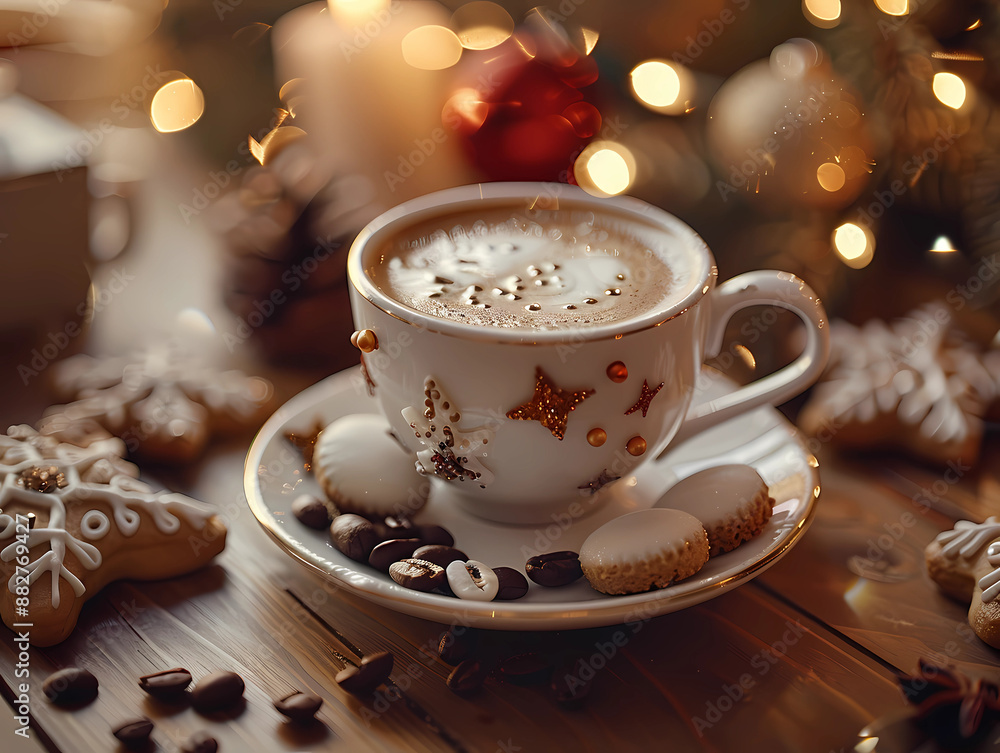 cup of coffee with cookies and christmas decorations cup of coffee with cookies and christmas decorations