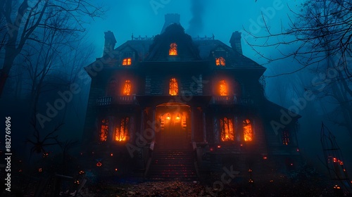A creepy haunted house with glowing windows and eerie decorations