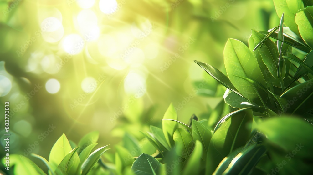 Obraz premium Blurred green leaf background with sunlight and copy space representing natural plants and ecology