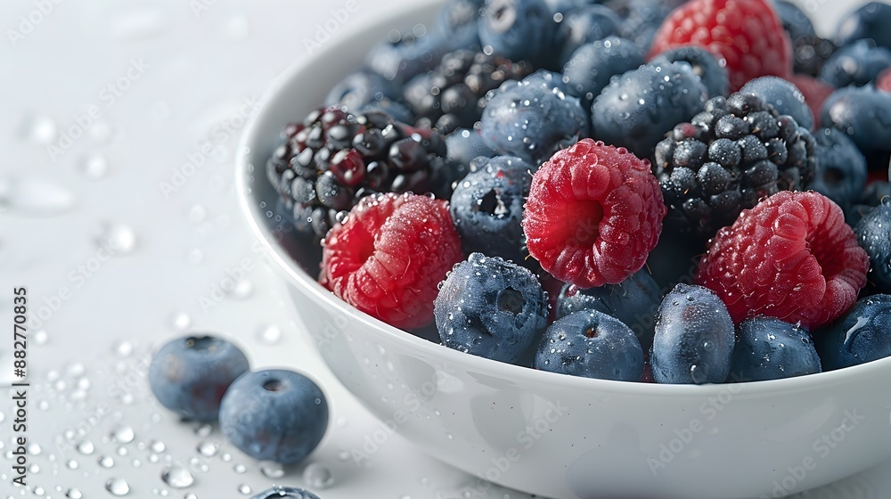 Vibrant Bowl of Assorted Berries with Morning Dew on a White Background Vibrant Bowl of Assorted Berries with Morning Dew on a White Background