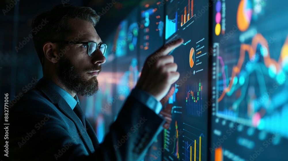 Businessman analyzing financial data on futuristic touch screen interface Businessman analyzing financial data on futuristic touch screen interface