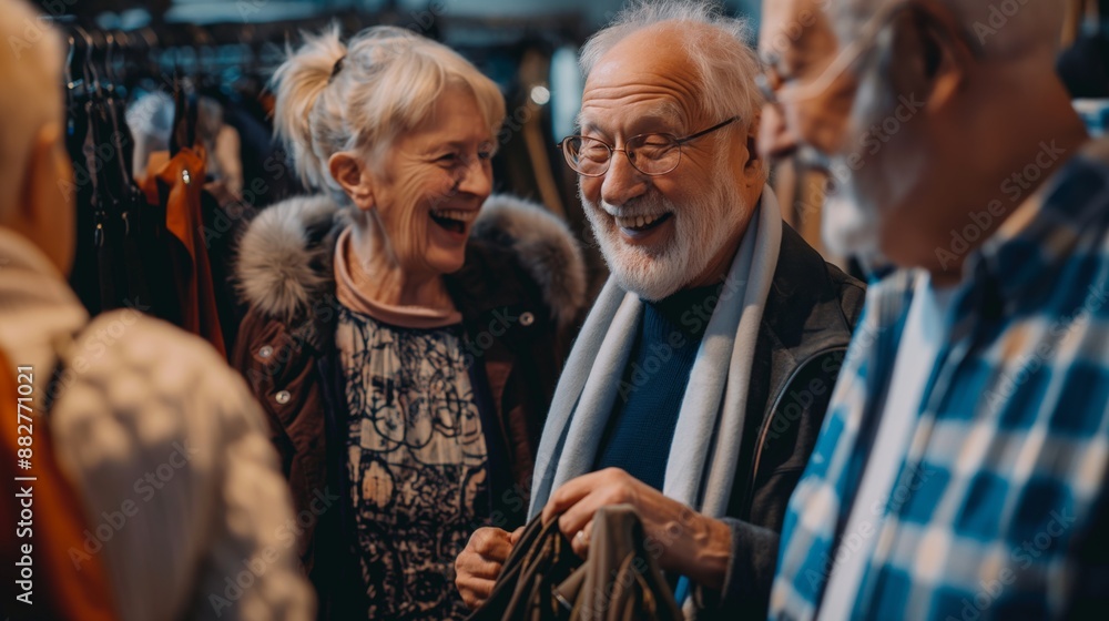 A group of elderly people are shopping for clothes for their family A group of elderly people are shopping for clothes for their family