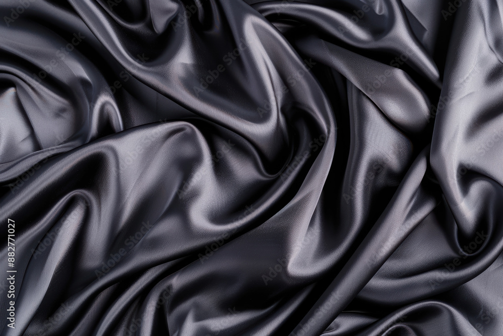 Obraz premium Luxurious black satin fabric draped in elegant folds, creating a smooth, shiny, and sophisticated texture perfect for backgrounds and design elements.