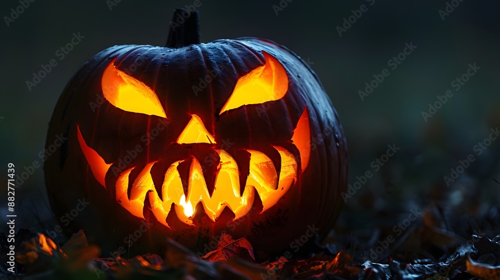 A jack-o'-lantern with a sinister grin, glowing brightly in the darkness A jack-o'-lantern with a sinister grin, glowing brightly in the darkness