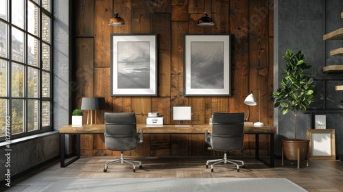 Two framed posters on a wall in a modern livingroom interior with stylish furniture