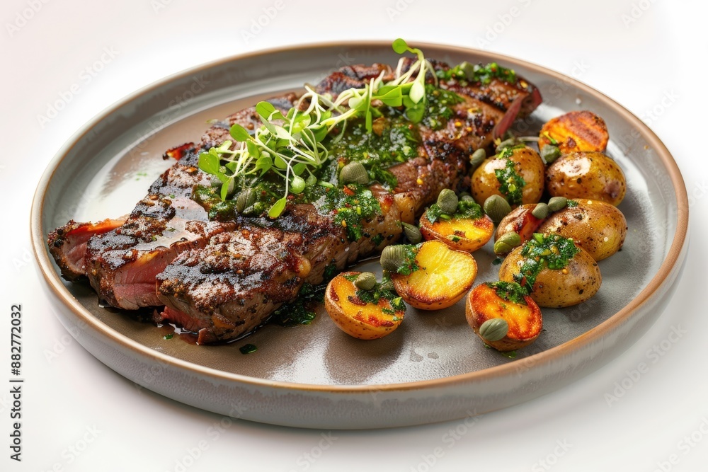 Tender Dry Rubbed Flank Steak with Tangy Chimichurri and Crispy Potatoes Tender Dry Rubbed Flank Steak with Tangy Chimichurri and Crispy Potatoes