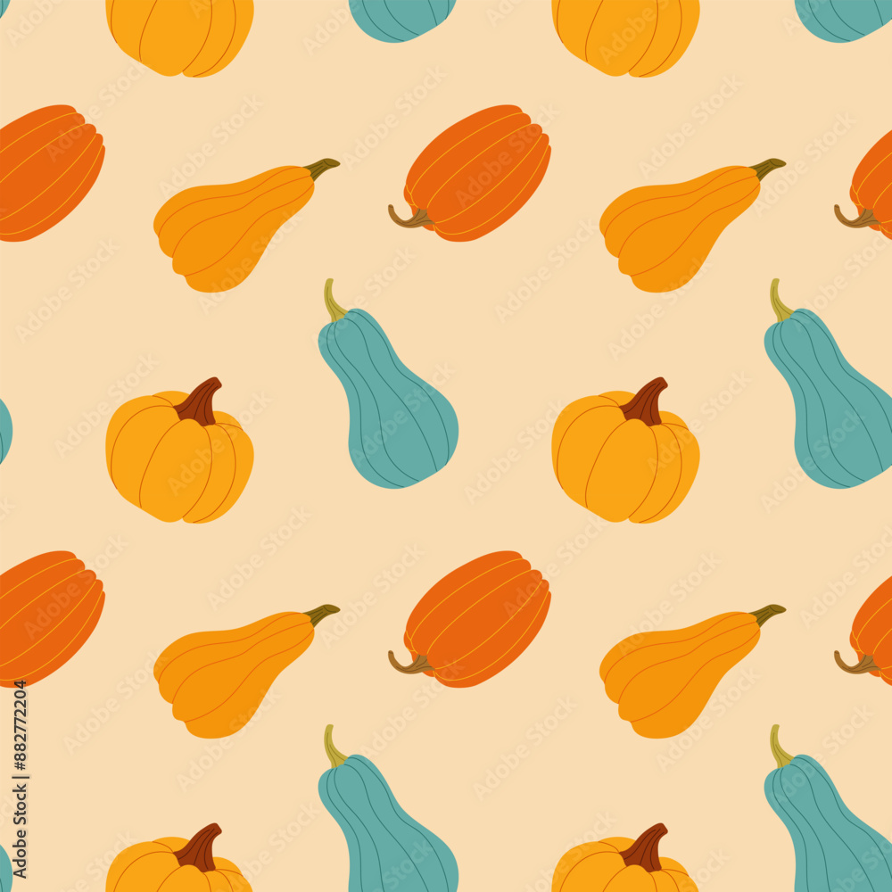 Seamless pattern pumpkin in flat style on pink background. Seasonal autumn background, for textiles, cards, notepads. Vector illustration Seamless pattern pumpkin in flat style on pink background. Seasonal autumn background, for textiles, cards, notepads. Vector illustration