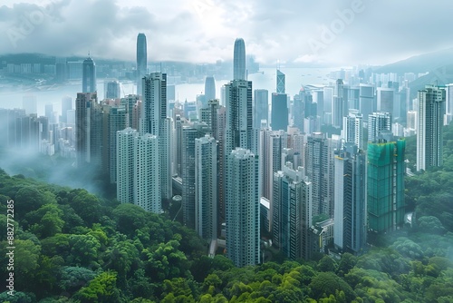 Misty Skyline of a Modern Metropolis Surrounded by Lush Greenery