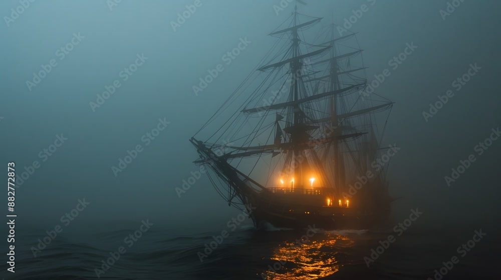 Fototapeta premium A ghost ship sailing through foggy waters under a dark sky