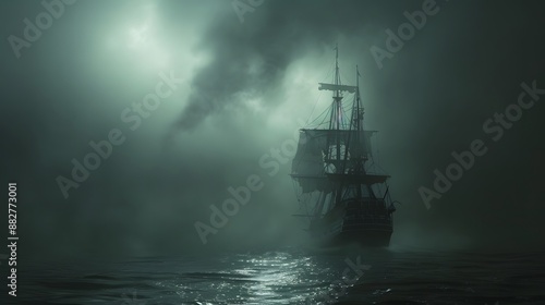 Wallpaper Mural A ghost ship sailing through foggy waters under a dark sky Torontodigital.ca