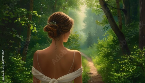 Woman in white dress walking on forest path, serene nature background, peaceful and lush greenery. photo